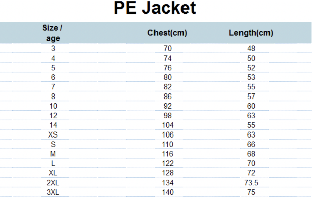 PE Jacket  (XS-3XL adult Sizes)(Grey)  