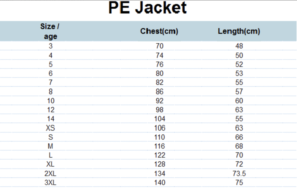 PE Jacket adult sizes (XS-4XL)