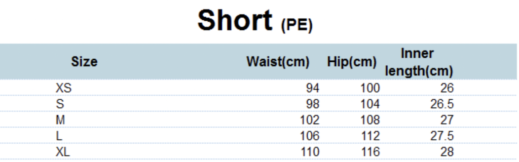 PE Short adult sizes (XS-4XL)