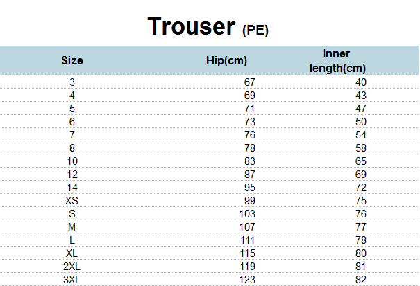 PE Trouser sizes (3-14)